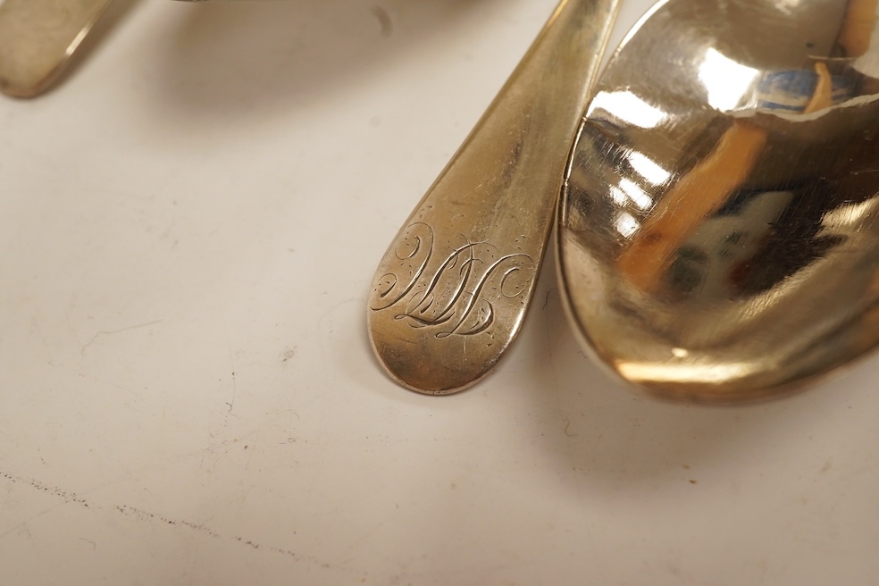 Nine assorted George III and later silver Old English table spoons, various dates and makers, including Peter, Ann & William Bateman and William Bateman, all with engraved initials or crest, together with six assorted si